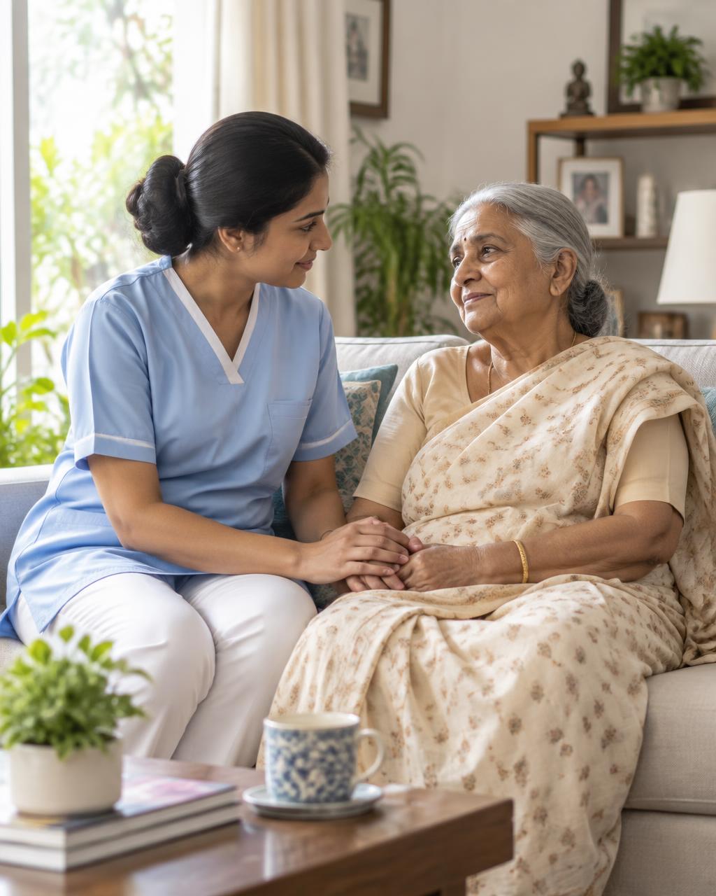 Home-care professional supporting an older adult at home