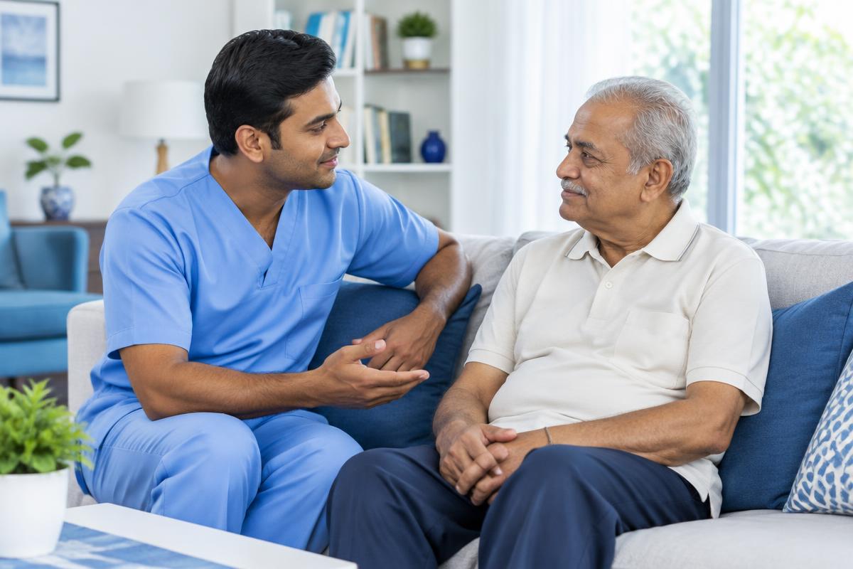Male home-care professional speaking with an older man at home